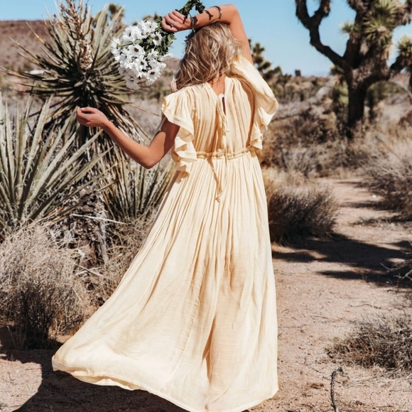 New Gauzy Cover Up Maxi Dress Button Front Deep Plunge Beige Ivory - Picture 6 of 10